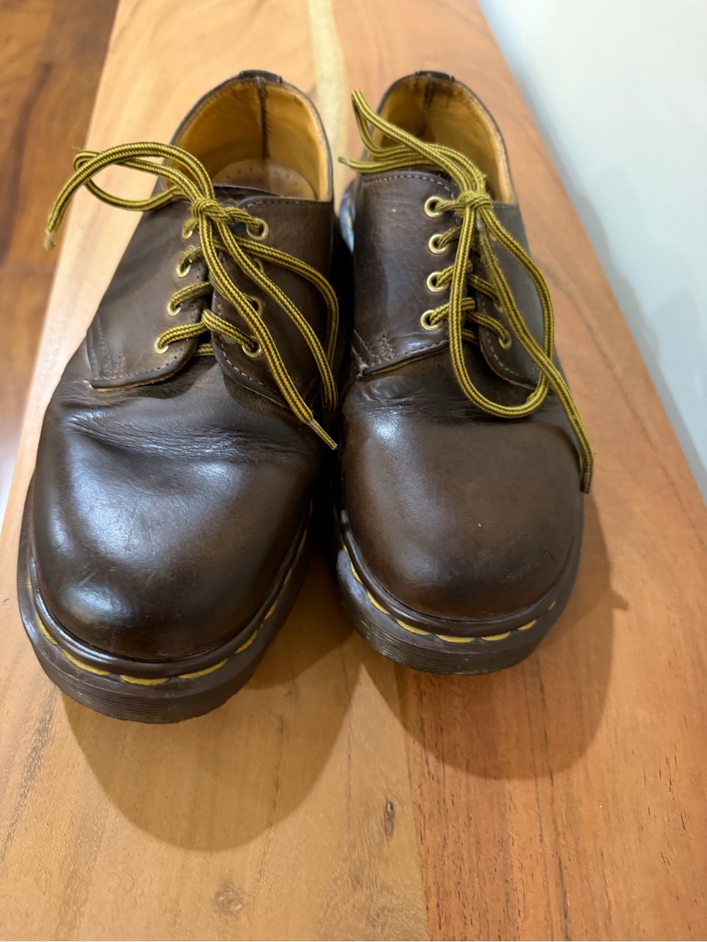 Dr. Martens Brown Leather Lace-Up Flats with Yellow Stitching